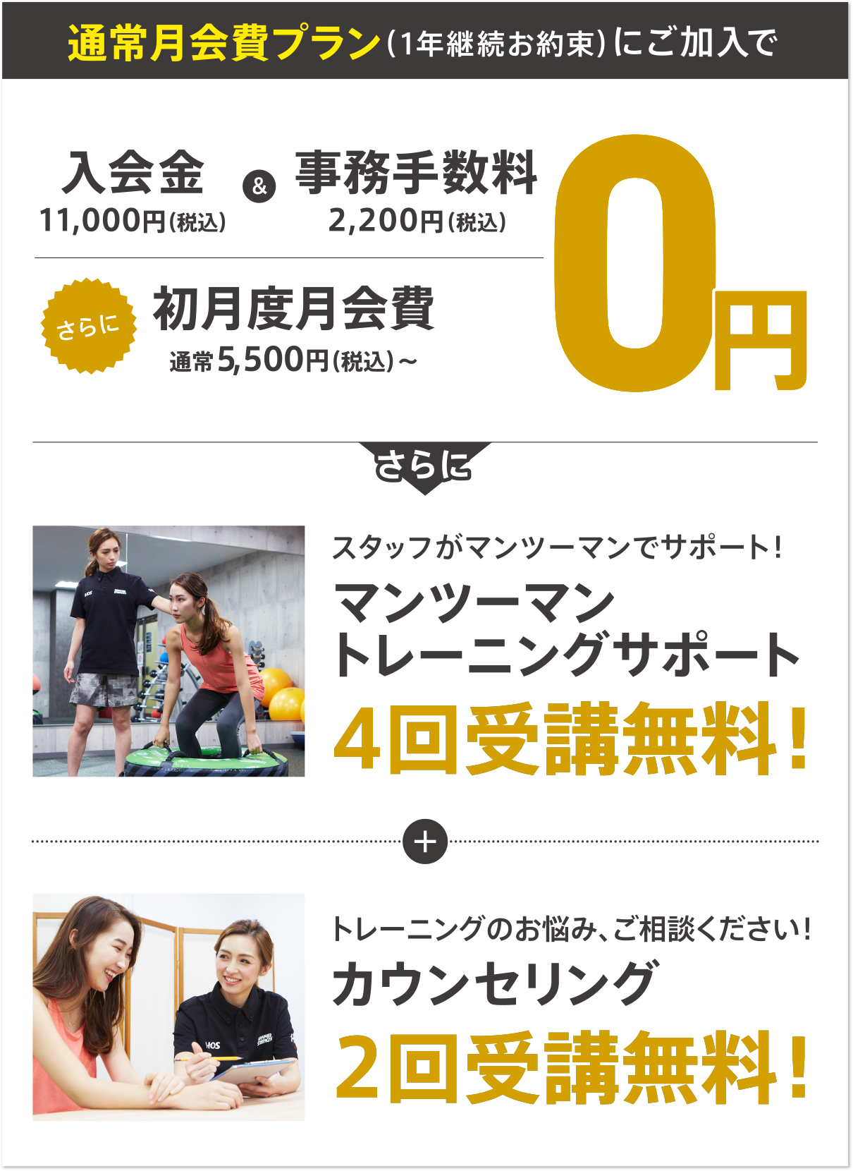 入会金+事務手数料+初月度月会費=0円 マンツーマントレーニング4回受講無料 カウンセリング2回受講無料